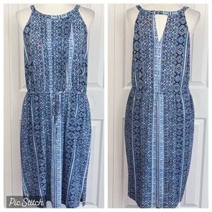 Joan Vass Blue Boho Stripe Print Sleeveless Knit Drawstring Midi Dress